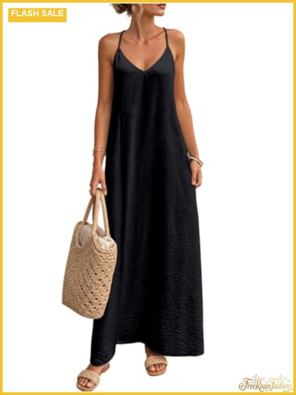 Womens V Neck Spaghetti Strap Maxi Dress Cutout Back Beach Long Dress